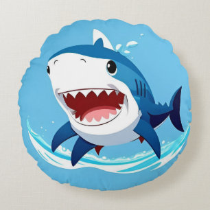 Cartoon Shark Swimming Underwater Round Pillow