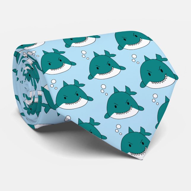 Cartoon Sharks Repeat Pattern Neck Tie (Rolled)