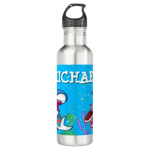 Cartoon Sharks with Names Fun Kids Marine Red Blue Stainless Steel Water Bottle