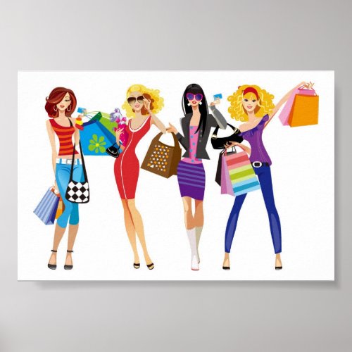 CARTOON SHOPPING GIRLS VECTORS FASHION STYLE FUN F POSTER