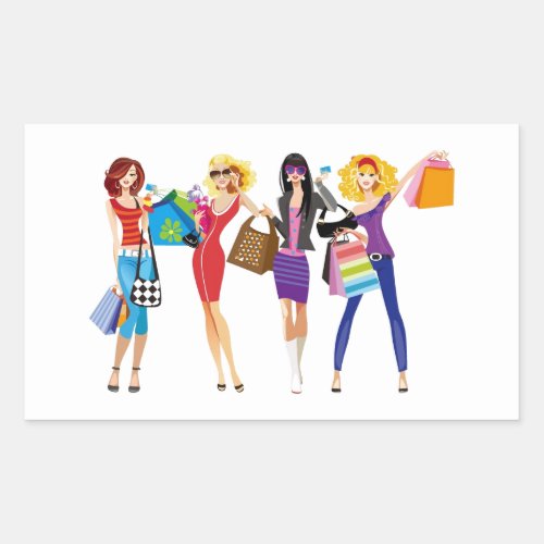 CARTOON SHOPPING GIRLS VECTORS FASHION STYLE FUN F RECTANGULAR STICKER