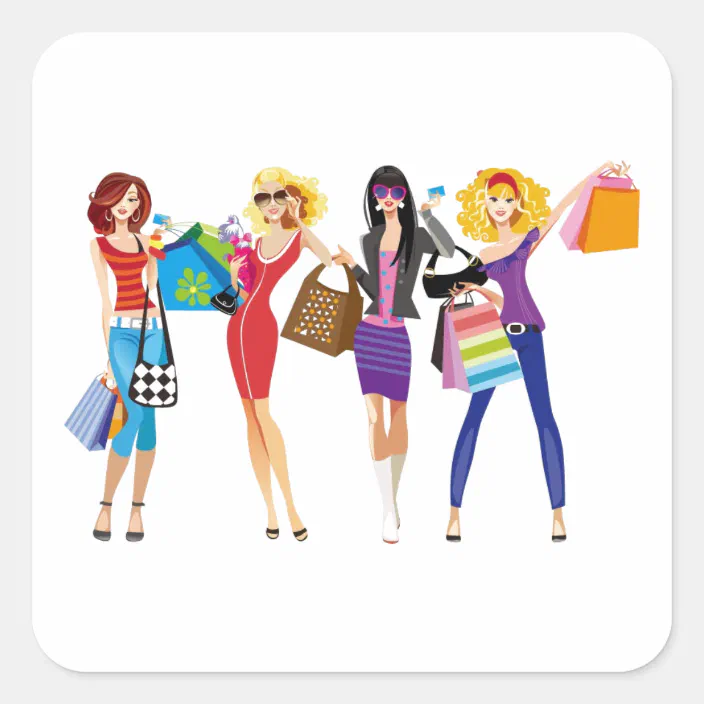 Cartoon Shopping Girls Vectors Fashion Style Fun F Square Sticker Zazzle Com