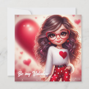 Cartoon shy Valentine sassy girl with red heart Holiday Card