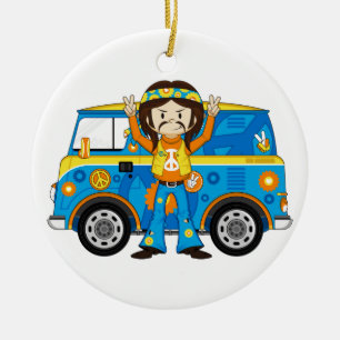Cartoon Sixties Peace Hippie and Van Ceramic Ornament