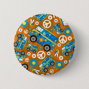Cartoon Sixties Peace Hippie Van Pinback Button