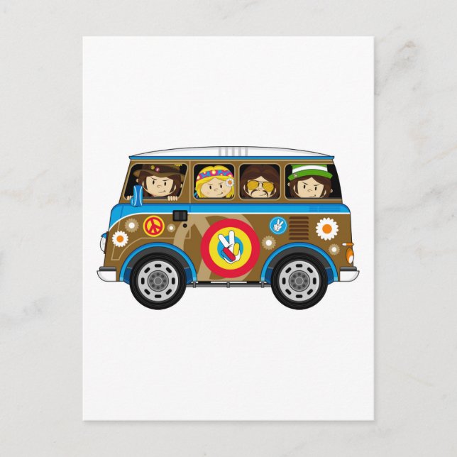 Cartoon Sixties Peace Hippie Van Postcard (Front)