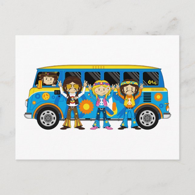 Cartoon Sixties Peace Hippie Van Postcard (Front)