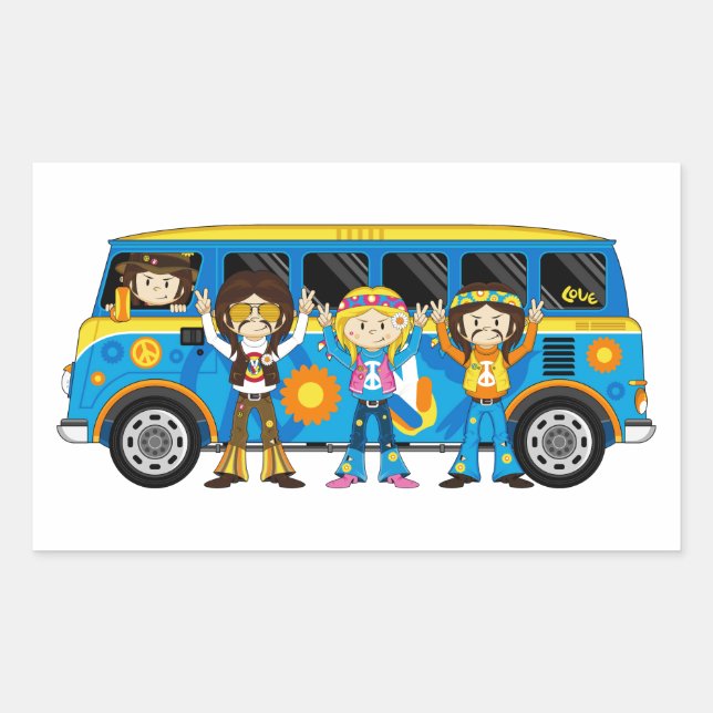 Cartoon Sixties Peace Hippie Van Rectangular Sticker (Front)