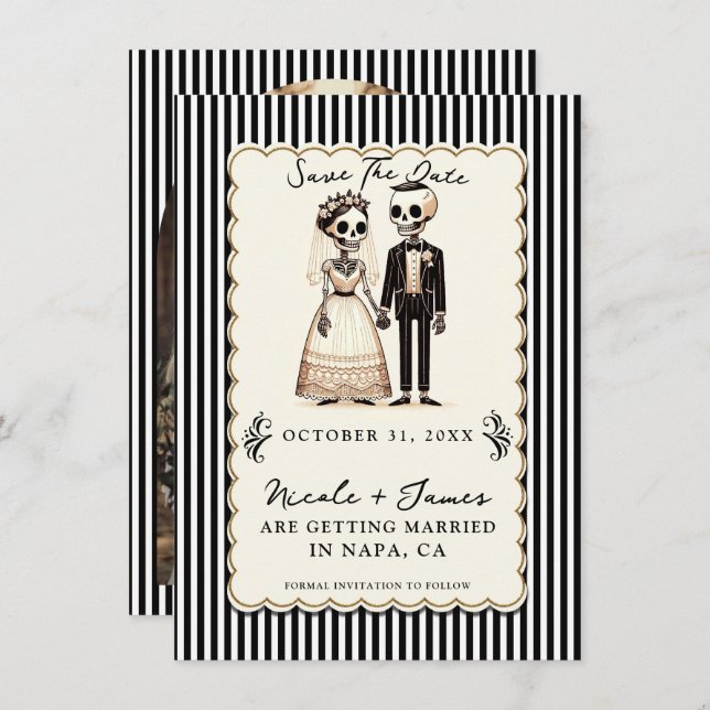 Cartoon Skeleton Bride + Groom Save the Date  Invitation (Front/Back)