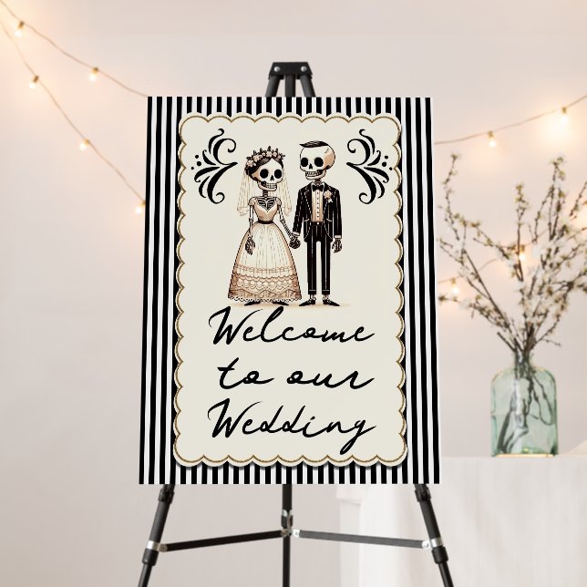 Cartoon Skeleton Bride + Groom Wedding Welcome Foam Board (In Situ (Stand))
