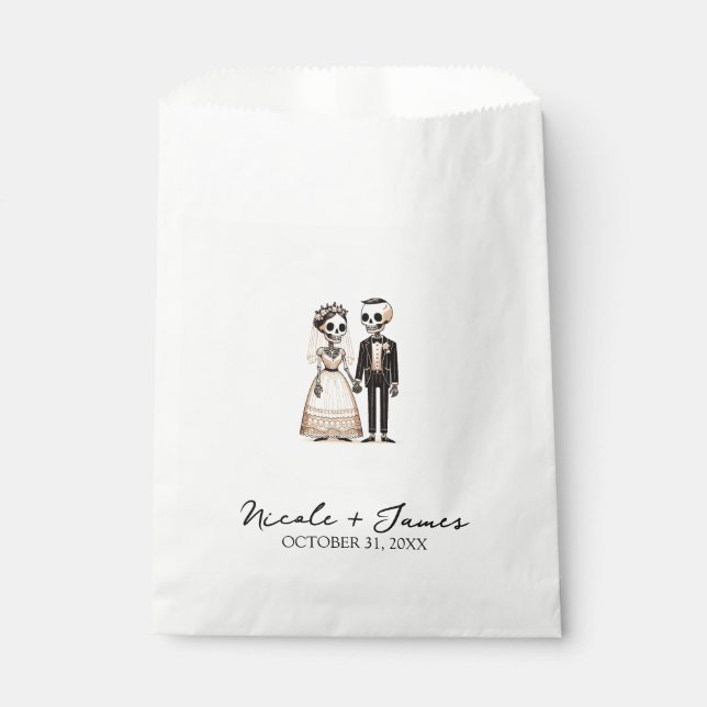 Cartoon Skeleton Bride + Groom Whimsical Wedding Favor Bag (Front)