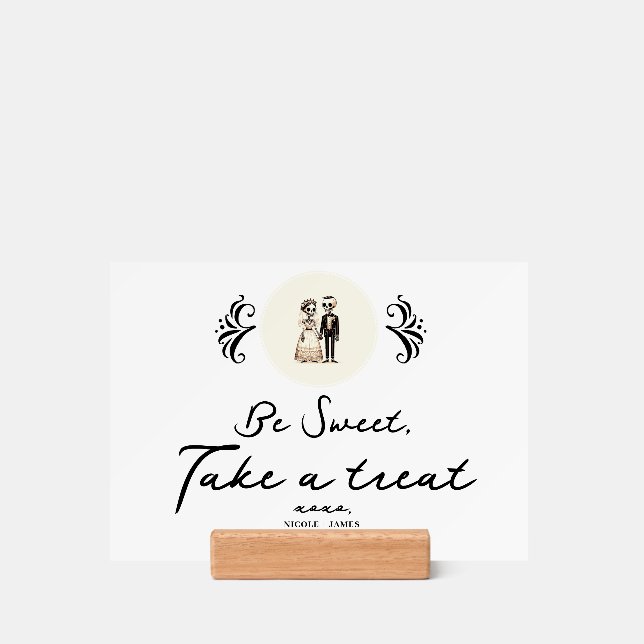 Cartoon Skeleton Bride + Groom Whimsical Wedding Holder (Woodblock)