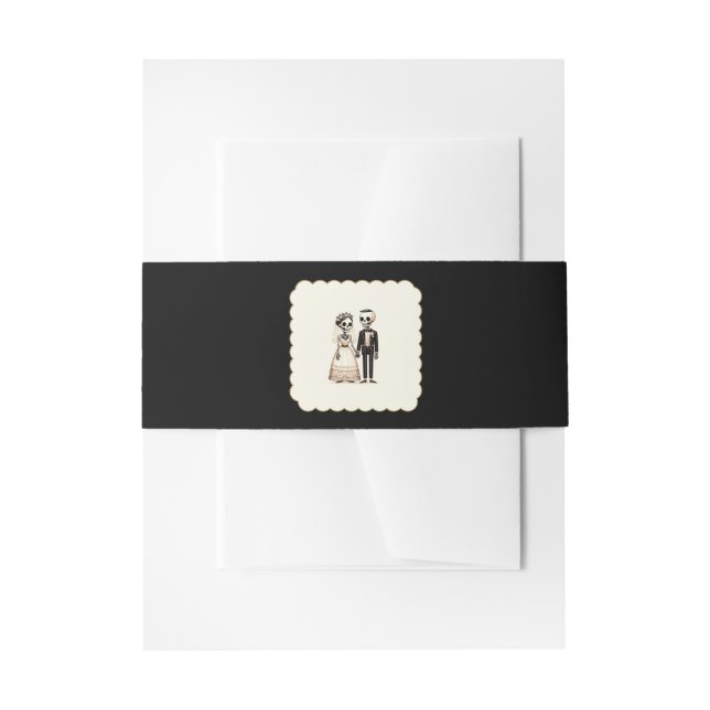 Cartoon Skeleton Bride + Groom Whimsical Wedding Invitation Belly Band (Front Example)