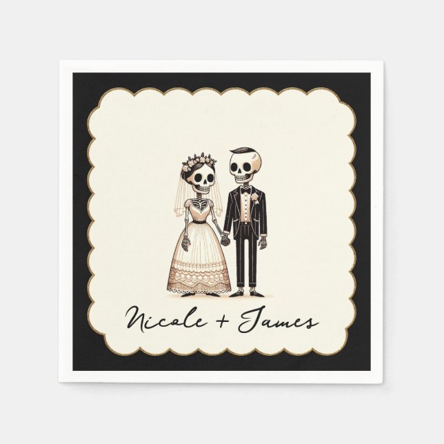 Cartoon Skeleton Bride + Groom Whimsical Wedding Napkins (Front)