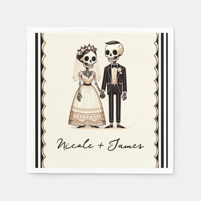 Cartoon Skeleton Bride + Groom Whimsical Wedding Napkins (Front)