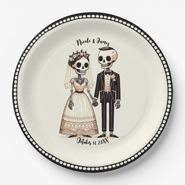 Cartoon Skeleton Bride + Groom Whimsical Wedding Paper Plates (Front)