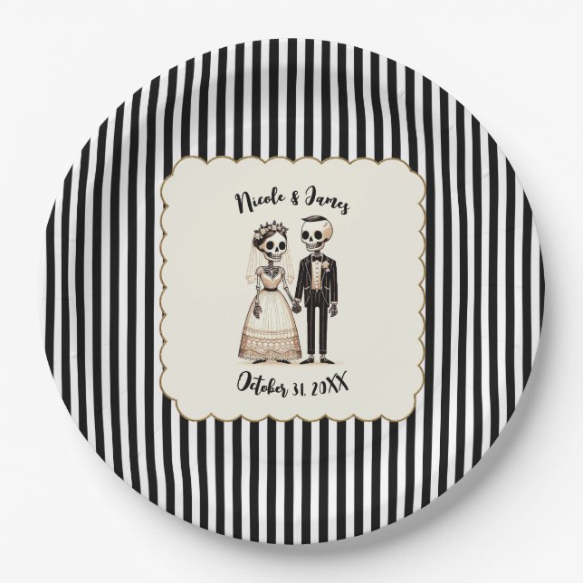 Cartoon Skeleton Bride + Groom Whimsical Wedding Paper Plates (Front)