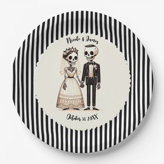 Cartoon Skeleton Bride + Groom Whimsical Wedding Paper Plates (Front)