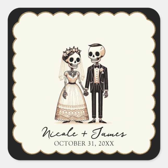 Cartoon Skeleton Bride + Groom Whimsical Wedding Square Sticker (Front)