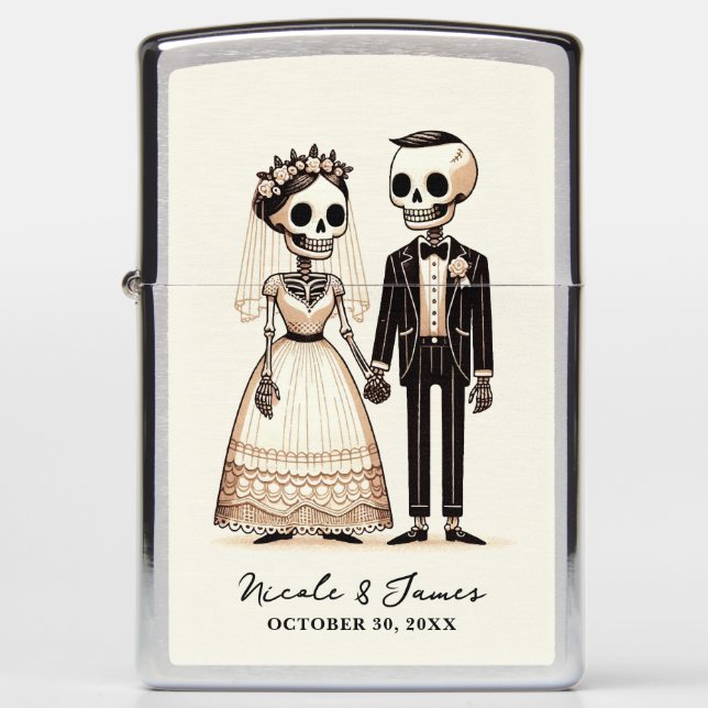 Cartoon Skeleton Bride + Groom Whimsical Wedding Zippo Lighter (Front)
