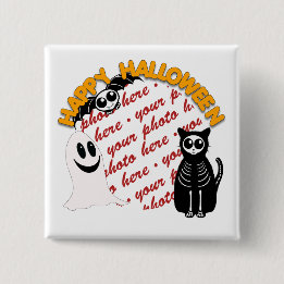 Cartoon Skeleton Cat, Bat & Ghost Photo Frame Button
