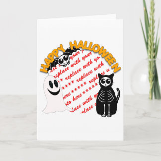 Cartoon Skeleton Cat, Bat & Ghost Photo Frame Card
