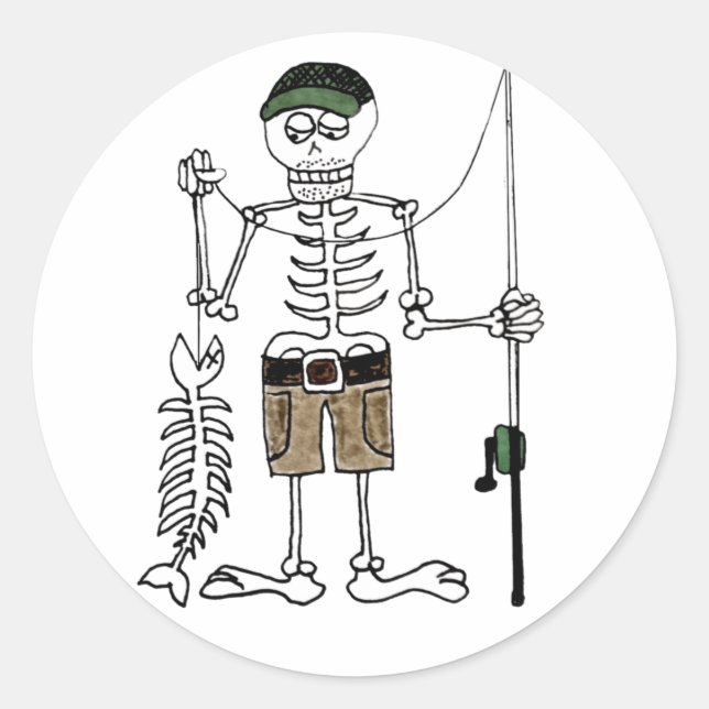 Cartoon Skeleton Fisherman with a Skeleton Fish Classic Round Sticker (Front)