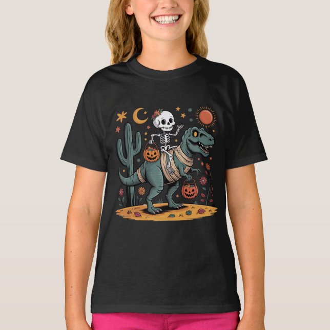 Cartoon Skeleton & T-Rex with Candy Buckets T-Shirt (Front)