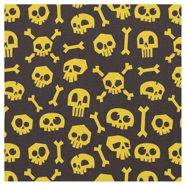 Cartoon Skull and Bones Black and Gold Fabric (Close Up)