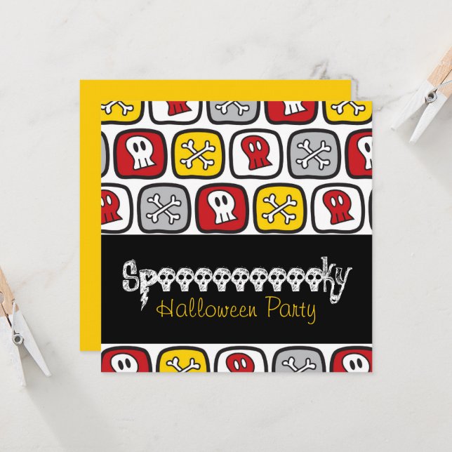 Cartoon Skulls & Bones Fun Kid's Halloween Party Invitation (Front/Back In Situ)