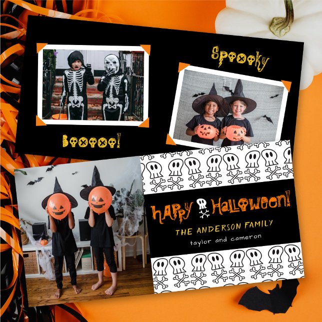 Cartoon Skulls & Bones Kid's Happy Halloween Photo Card (Creator Uploaded)