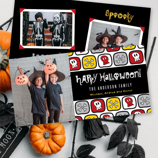 Cartoon Skulls & Bones Kid's Happy Halloween Photo Holiday Card (Creator Uploaded)