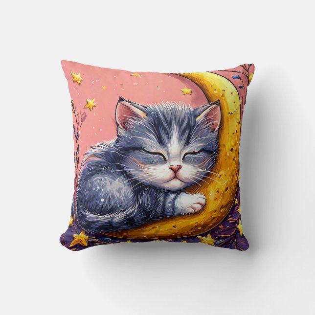 Cartoon sleeping kitten curled on a crescent moon throw pillow (Front)