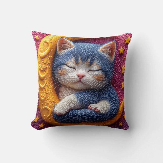 Cartoon sleeping kitten curled on a crescent moon throw pillow (Front)