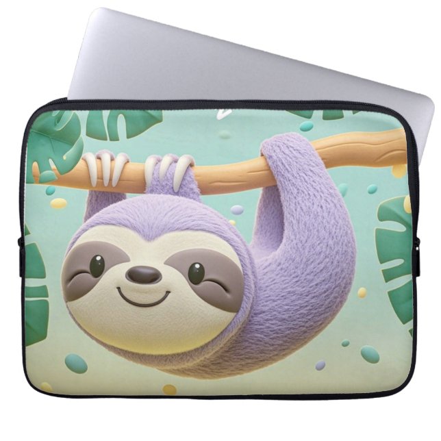 Cartoon sloth hanging on tree branch laptop sleeve (Front)