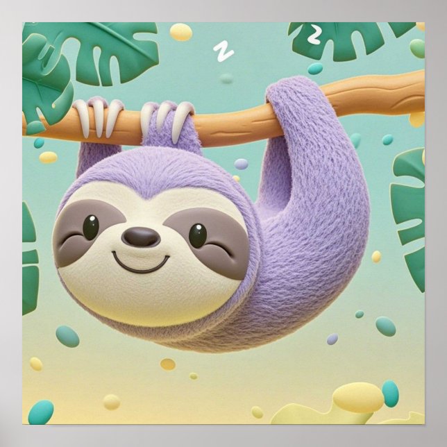 Cartoon sloth hanging on tree branch poster (Front)