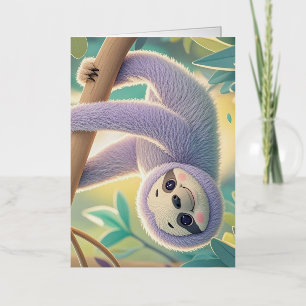 Cartoon sloth hanging upside-down from a branch  foil greeting card