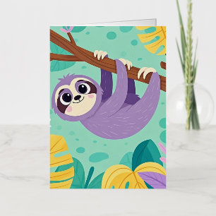 Cartoon sloth hanging upside-down from a branch foil greeting card