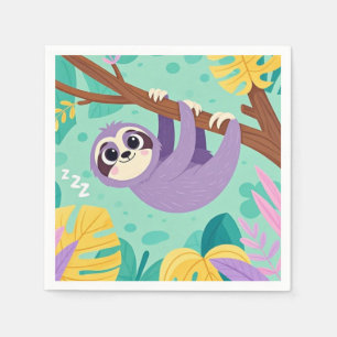 Cartoon sloth hanging upside-down from a branch napkins