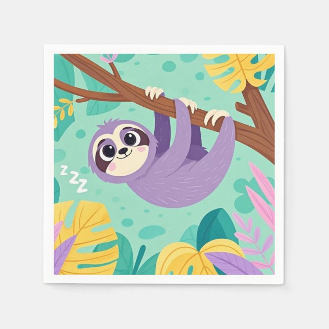 Cartoon sloth hanging upside-down from a branch napkins (Front)