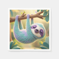 Cartoon sloth hanging upside-down from a branch 