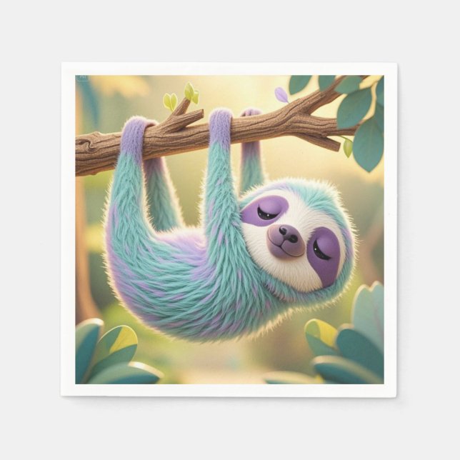 Cartoon sloth hanging upside-down from a branch  napkins (Front)