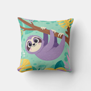 Cartoon sloth hanging upside-down from a branch throw pillow