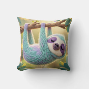 Cartoon sloth hanging upside-down from a branch  throw pillow