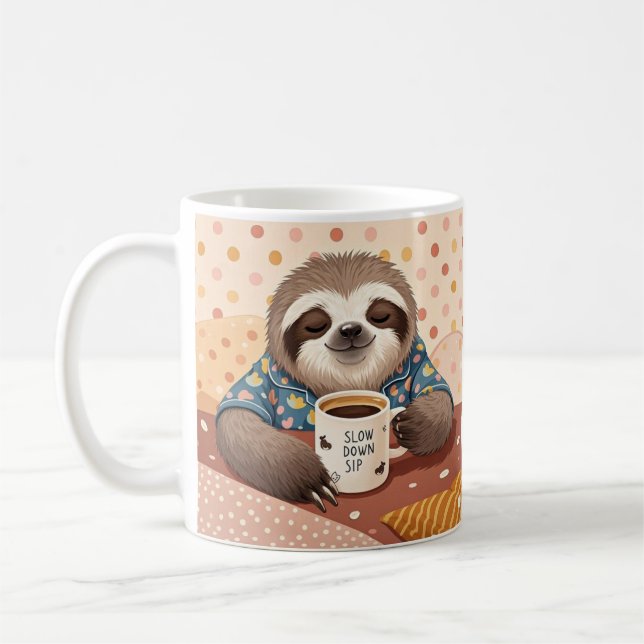 Cartoon sloth with exaggerated sleepy eyes  coffee mug (Left)