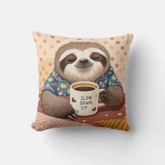 Cartoon sloth with exaggerated sleepy eyes  throw pillow