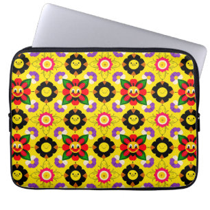 Cartoon Smiling Flowers and Bees Laptop Sleeve