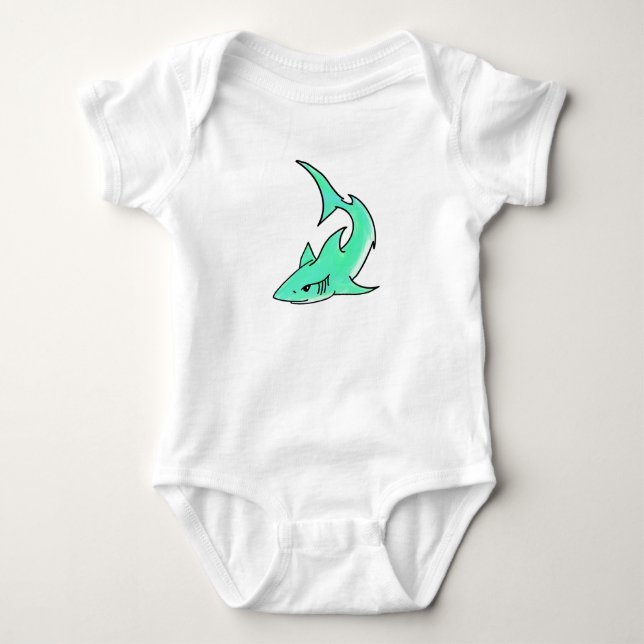 cartoon smiling shark mint blue green ocean animal baby bodysuit (Front)