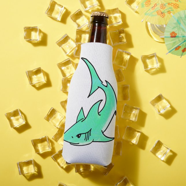 cartoon smiling shark mint blue green ocean animal bottle cooler (In Situ Summer)