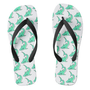 cartoon smiling shark mint blue green ocean animal flip flops